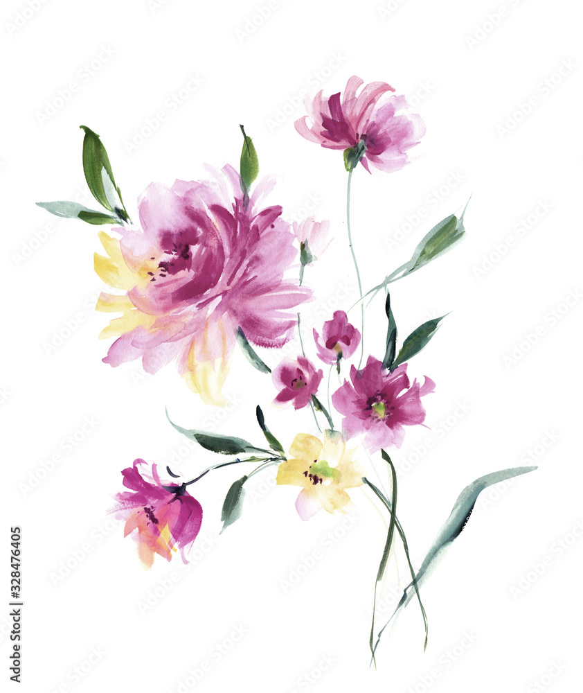 Obraz premium Flowers watercolor illustration.Manual composition.Big Set watercolor elements，Design for textile, wallpapers，Element for design,Greeting card