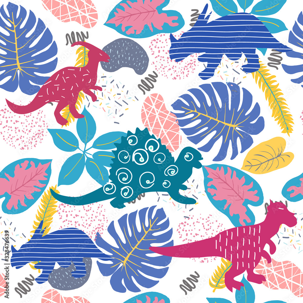 Cute abstract seamless pattern with dinosaurs and Tropical plants. Cute abstract seamless pattern with dinosaurs and Tropical plants.