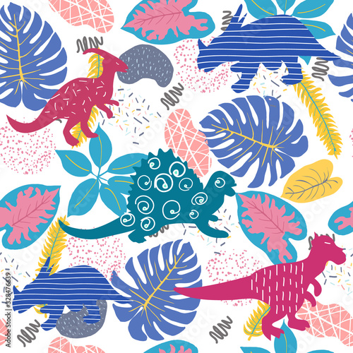  Cute abstract seamless pattern with dinosaurs and Tropical plants.
