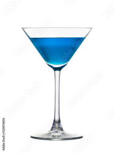 Blue Curacao cocktail in martini glass isolated on white background