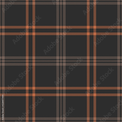 Plaid pattern seamless vector graphic. Dark tartan check plaid in brown and orange for flannel shirt, bag, throw, blanket, or other modern autumn fabric design.