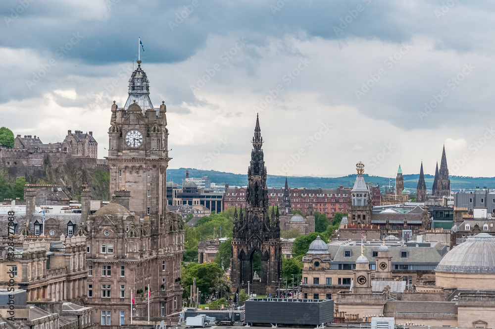 View of Scott Monument from the Calton Hill in a cloudy day, Edinburgh. Concept: Scottish monuments