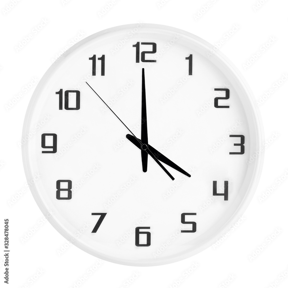White round office clock showing four o'clock isolated on white background. Blank white clock