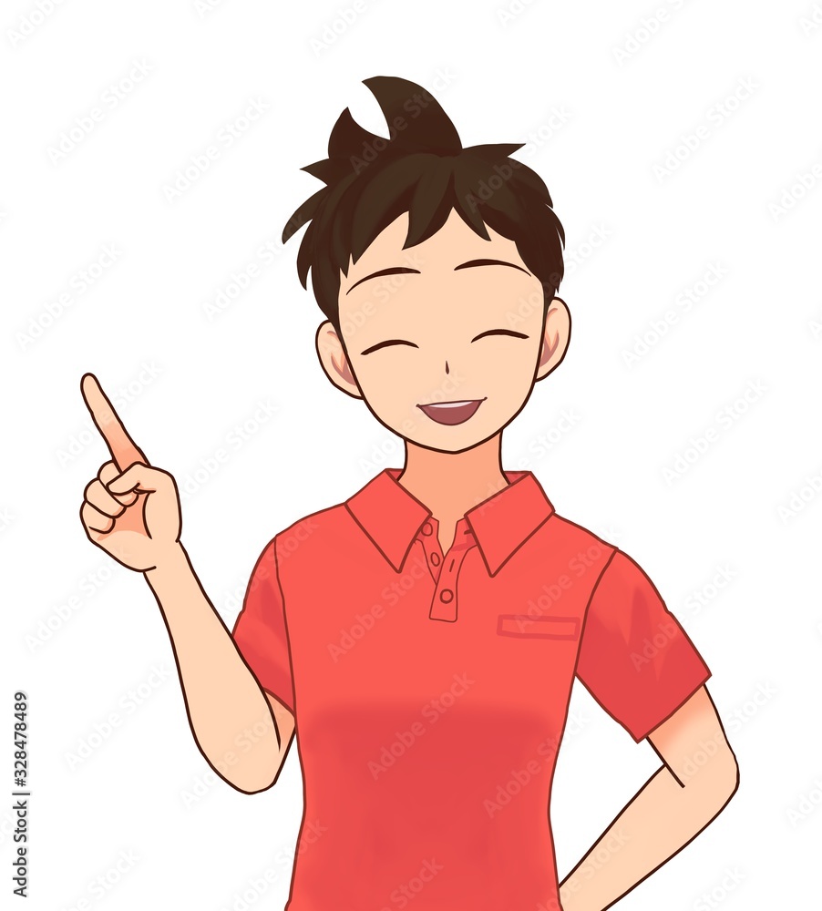 少年　笑顔　指差す