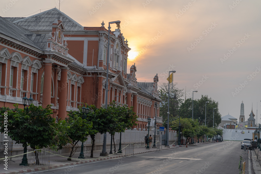 Bangkok, Thailand - February 9, 2020: View of Thailand Ministry of Defense with road on evening.
