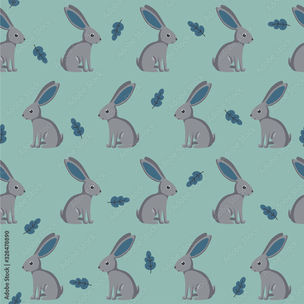 Animal seamless pattern: fox and raccoon on blue background with flowers and mushrooms. Vector illustration in cute cartoon style