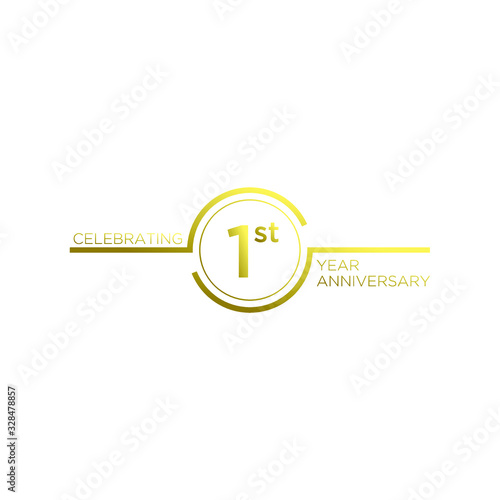 Gold 1st anniversary letter logo icon design with ribbon banner