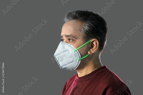 Indian Man wearing a N95 mask for protection against virus, dust, pollution and smog