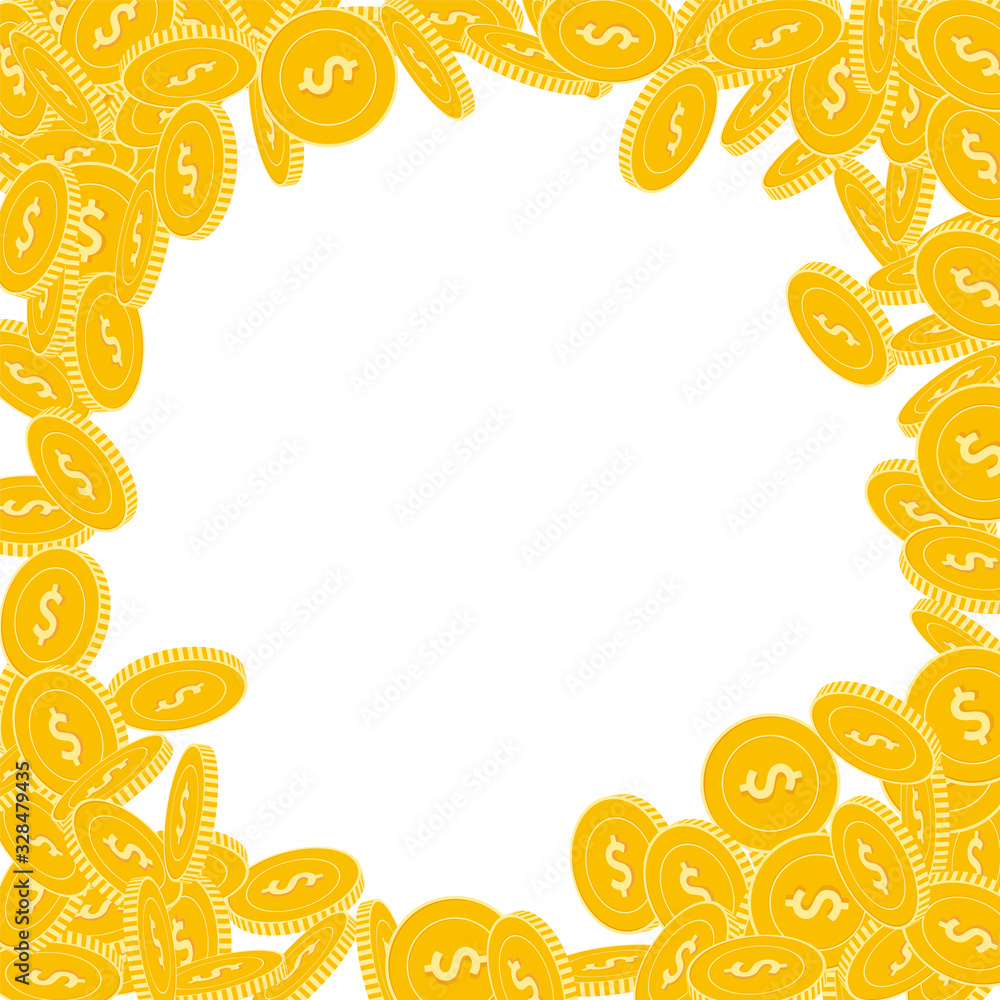 American dollar coins falling. Scattered big USD c American dollar coins falling. Scattered big USD c