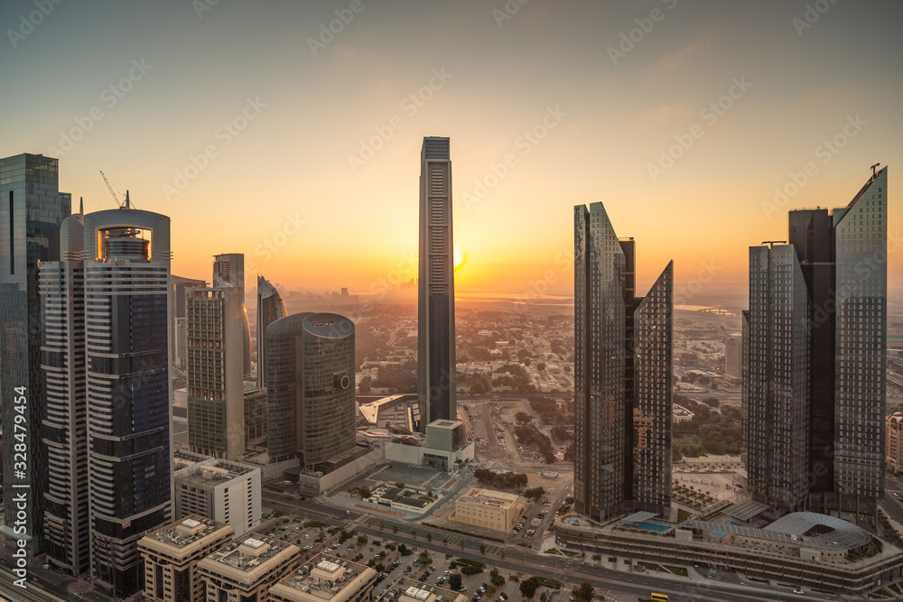 sunrise over Dubai Downtown skyline 