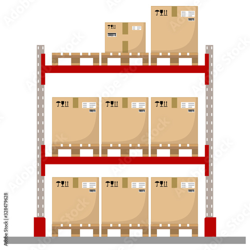 Metal racks for a warehouse with boxes on pallets. Flat design, front view. Vector illustration.