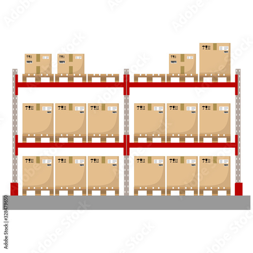 Metal racks for a warehouse with boxes on pallets. Flat design, front view. Vector illustration.