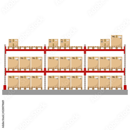 Metal racks for a warehouse with boxes on pallets. Flat design, front view. Vector illustration.