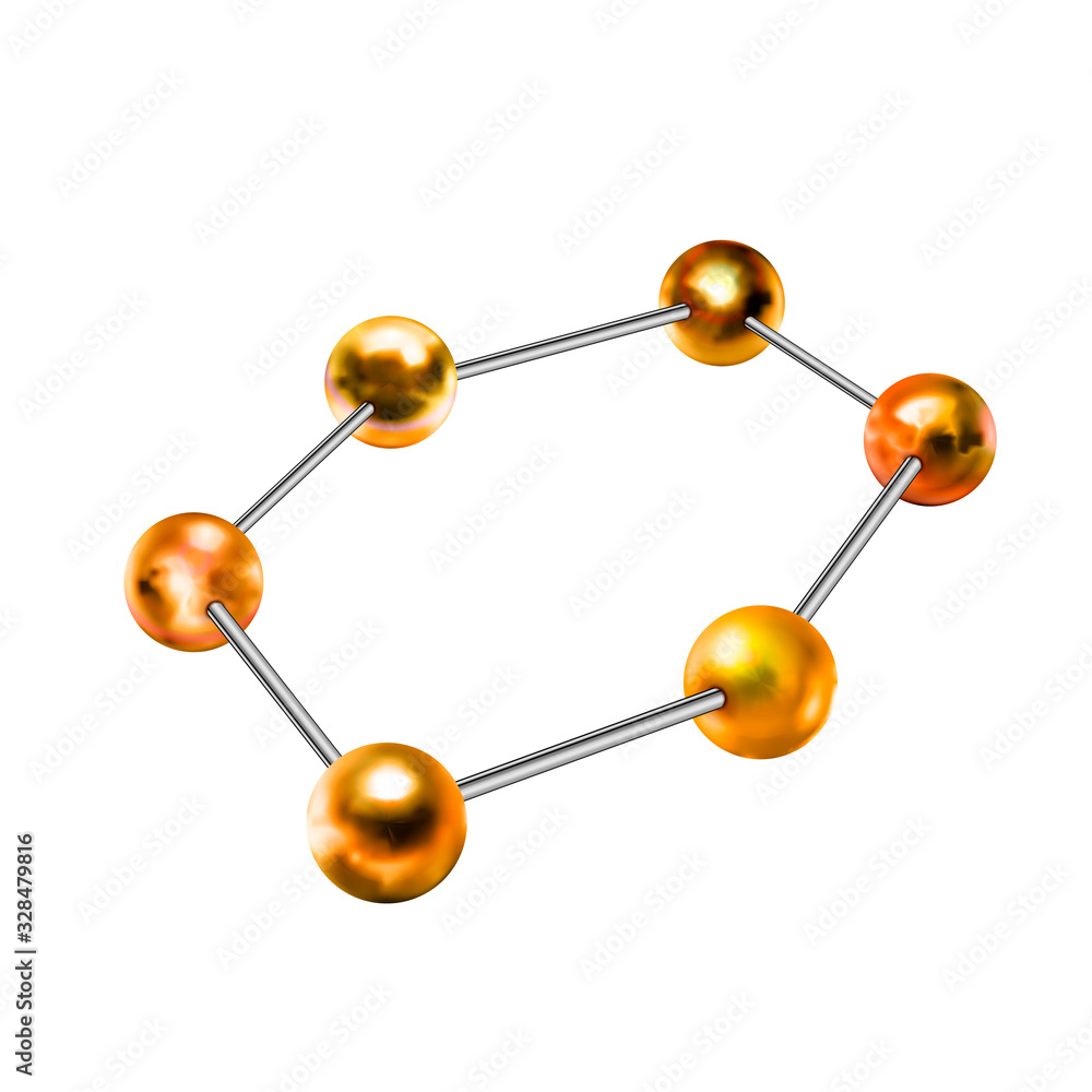 Glossy golden balls in hexagon shape, abstract chemical structure on white Glossy golden balls in hexagon shape, abstract chemical structure on white