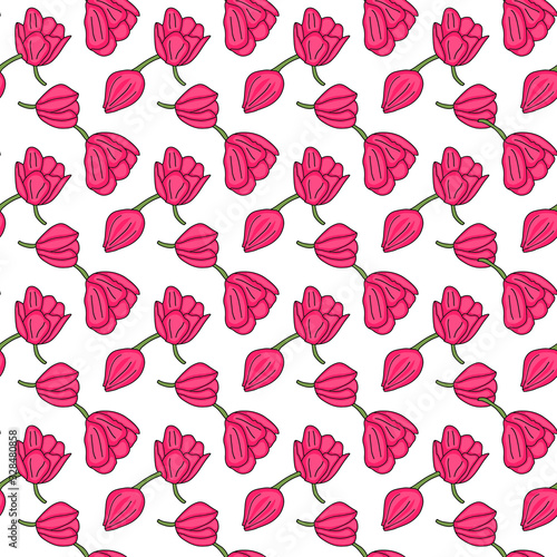 Floral seamless pattern of pink little tulips isolated on white background. Simple vector design for fabric  textile  weddings  packaging  flower shop  website  floristry.