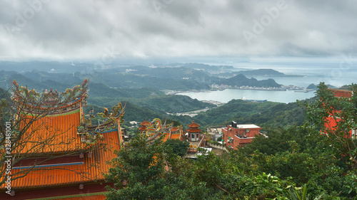 Panoramic view from Juifen town with a temple roof at the bottom