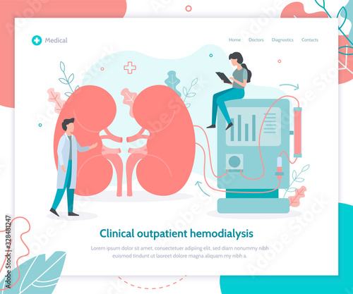 Conducting a dialysis procedure. Cleaning and transfusion of blood. Creative landing page design template. Medical flat vector.