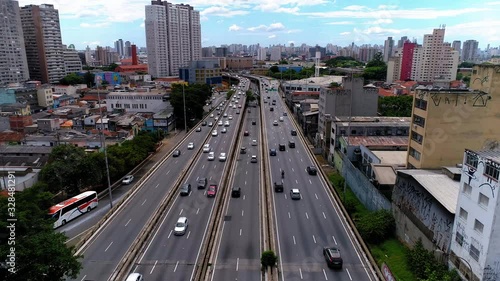 Aerial view to the traffic in Radial Leste, avenue, Sao Paulo, Brazil photo