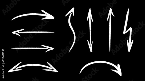 Set of hand drawn arrows. White arrows are drawn in different shapes. Hand drawn elements for video edits or motion design projects. 4K