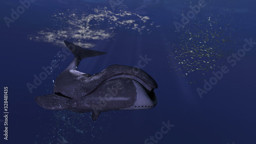 Bowhead arctic whale with curved bosy is after the group of small prey school 3d rendering photo