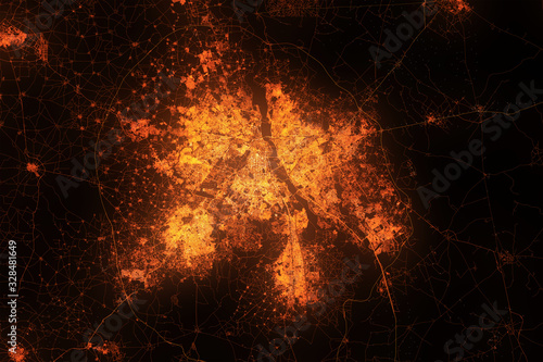 Delhi top view from satellite at night. Aerial view on modern city. Urbanization concept