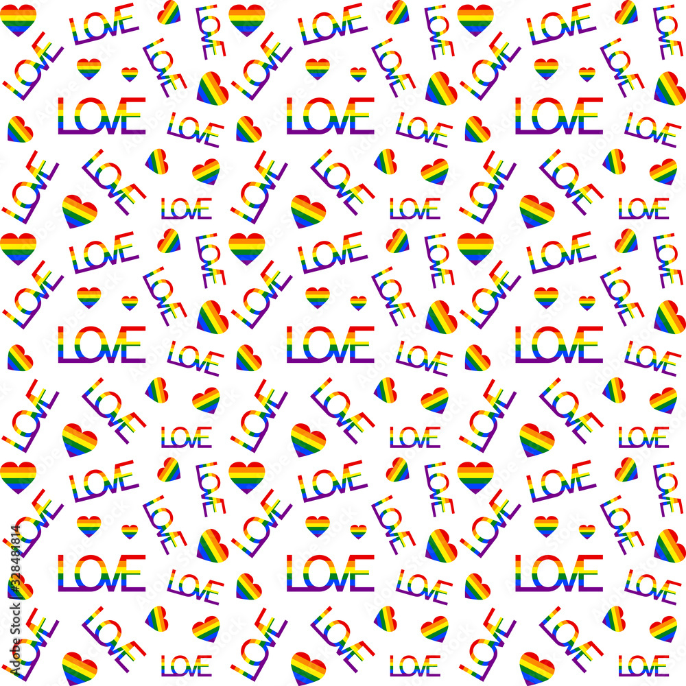 LGBT pride flag with heart pattern and love text