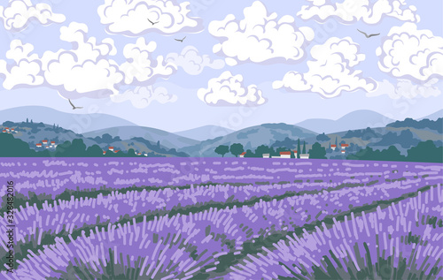 Nature Scene with lavender Field, Mountains, Clouds in Sky.