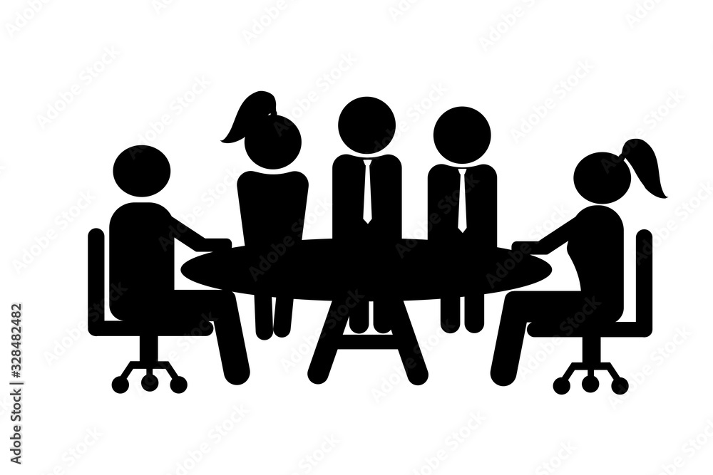 Business meeting and teamwork, Groups of five people in conference room. Black icon. Business meeting and teamwork, Groups of five people in conference room. Black icon.
