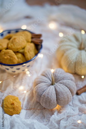 Tasty pumpkin cookies in a bowl with cinnamon and pumpkin decorations