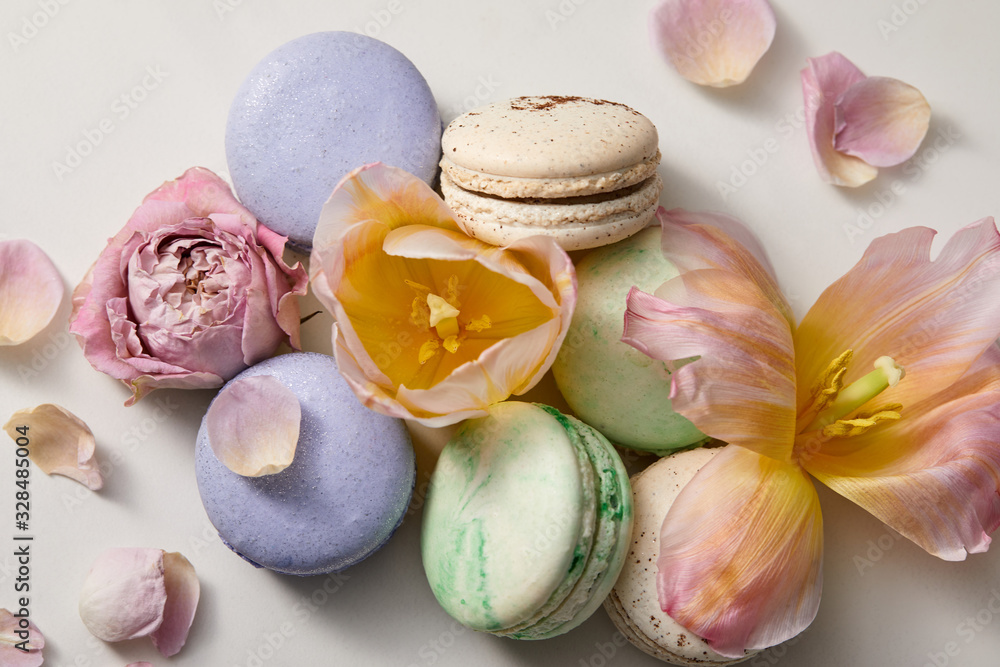 top view of assorted delicious french macaroons with floral petals on grey background top view of assorted delicious french macaroons with floral petals on grey background