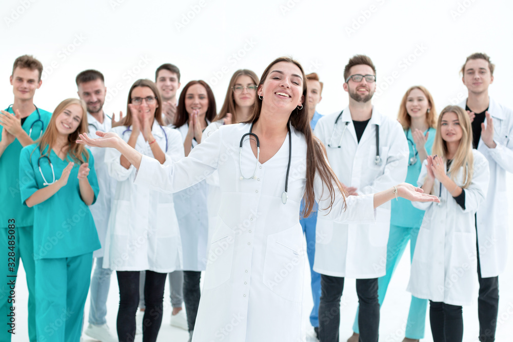top view. a group of smiling doctors pointing at you. top view. a group of smiling doctors pointing at you.