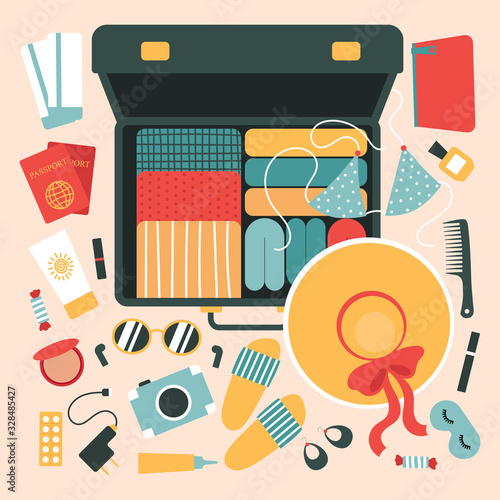 Open suitcase with things for travel.Tour of the sea.A set of objects for travel.Glasses, sunscreen, passport, tickets, clothing, swimsuit, cosmetics, jewelry, medications.Flat vector illustration