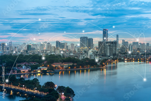 Smart city and wireless communication network concept. Digital network connection lines of Hanoi city at West Lake or Ho Tay