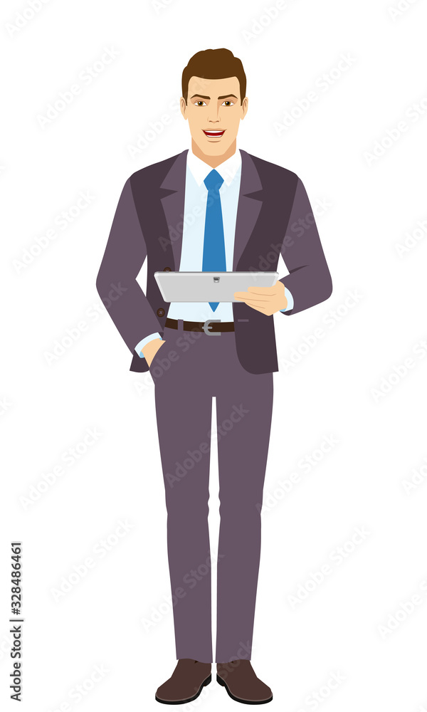 Smiling Businessman holding digital tablet PC. Full length portrait of Businessman in a flat style.