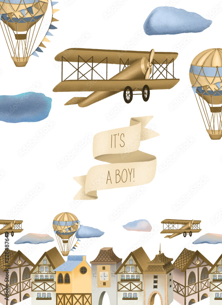 Hand drawn town, retro airplanes and hot air balloons illustration, boys baby shower card template