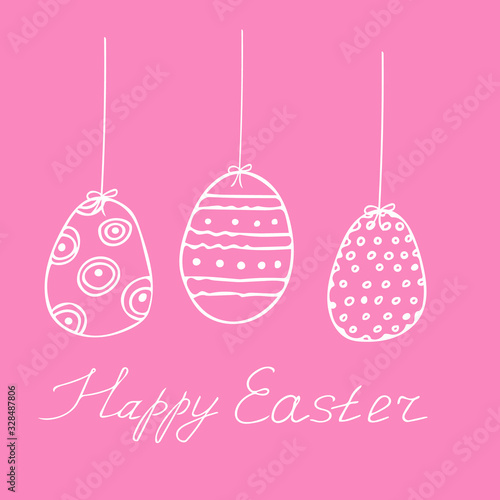 decorated eggs with dots and circles on the ropes with bows and Happy Easter lettering in hand drawn style.