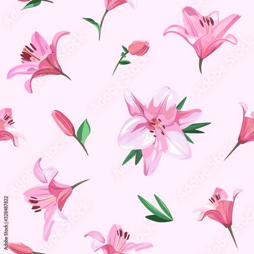Pink flowers - Lily. Seamless floral pattern on light pink background. Spring illustration.