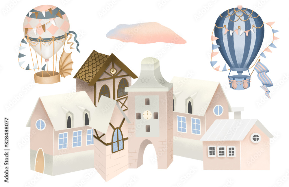 Illustration of cozy pink houses and retro hot airballoons in the sky, festive old town street, hand drawn on white backround