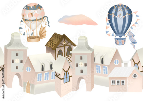 Seamless illustration of cozy pink houses and retro hot airballoons in the sky, festive old town street, hand drawn on white backround