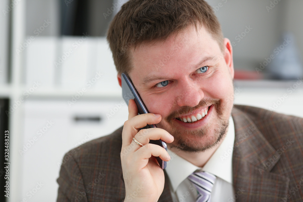 Handsome smiling businessman talk cellphone in office portrait. Stay in touch solution negotiate meeting job white collar busy life style electronic device store professional training concept