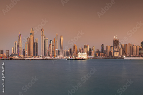 Dubai Marina skyline view from Palm Jumeirah, sunset