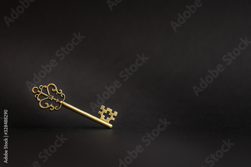 Golden vintage key on a black background highlighted with light horizontal photo photo