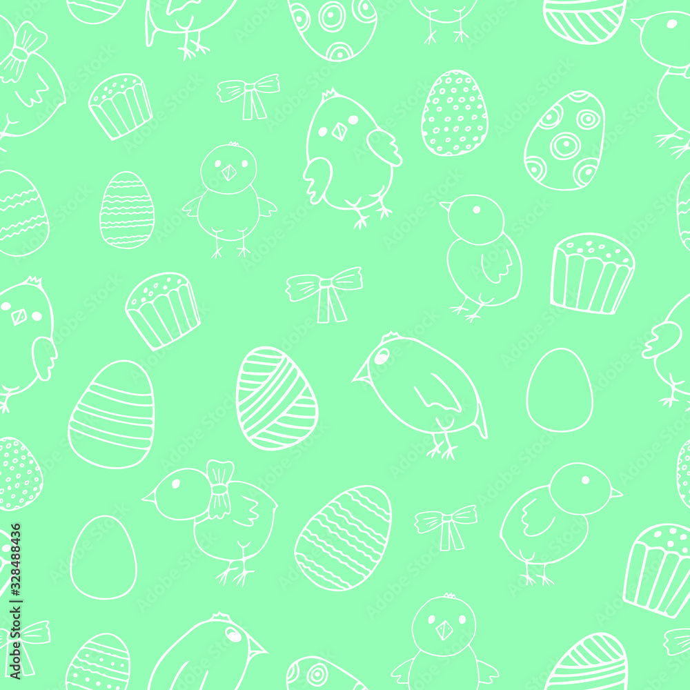Easter eggs and chickens seamless pattern hand drawn in doodle style Easter eggs and chickens seamless pattern hand drawn in doodle style