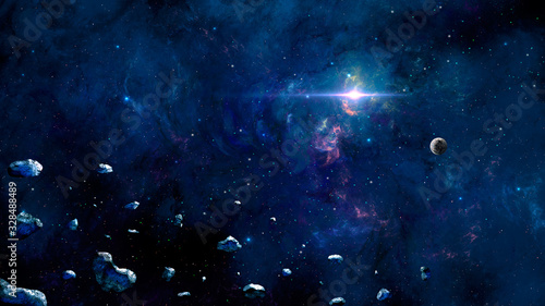 Space background. Asteroid fly in colorful fractal blue nebula with planet. Elements furnished by NASA. 3D rendering