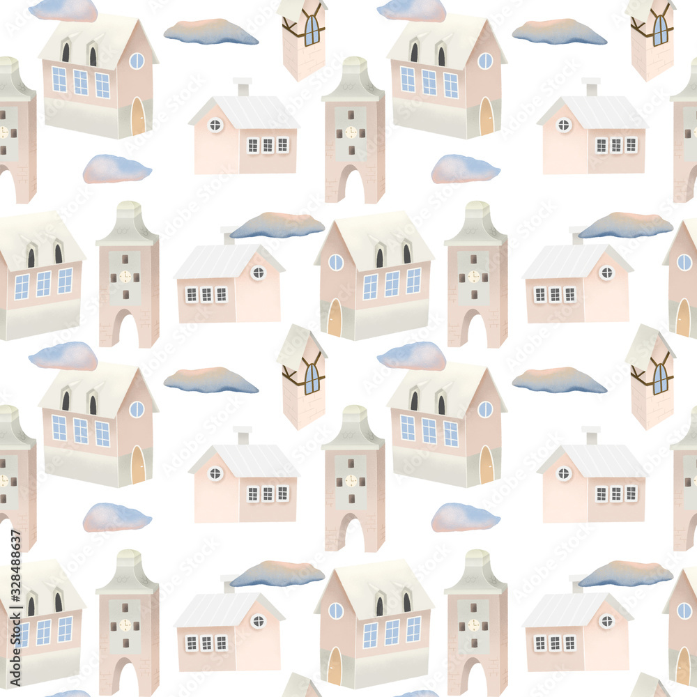 Seamless pattern of cute pink houses and clouds in the sky, hand painted on a white background