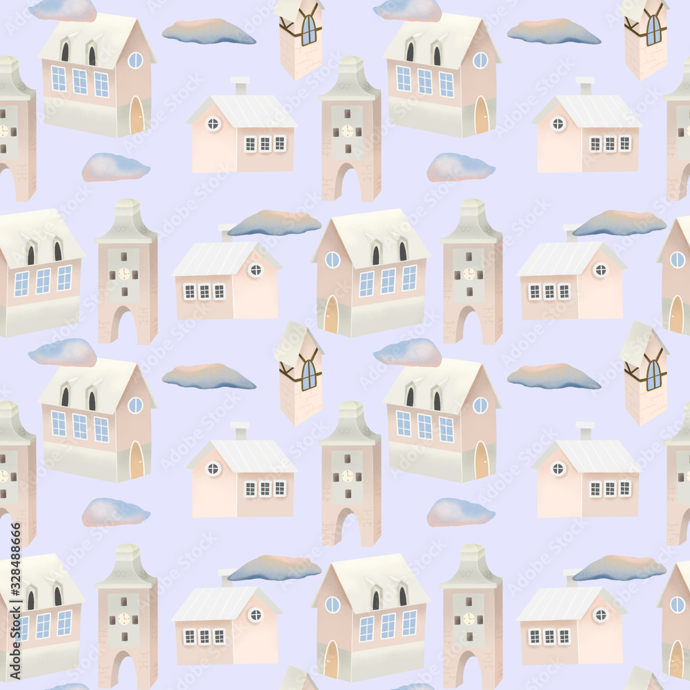 Seamless pattern of cute pink houses and clouds in the sky, hand painted on a blue background