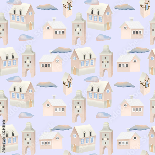 Seamless pattern of cute pink houses and clouds in the sky  hand painted on a blue background