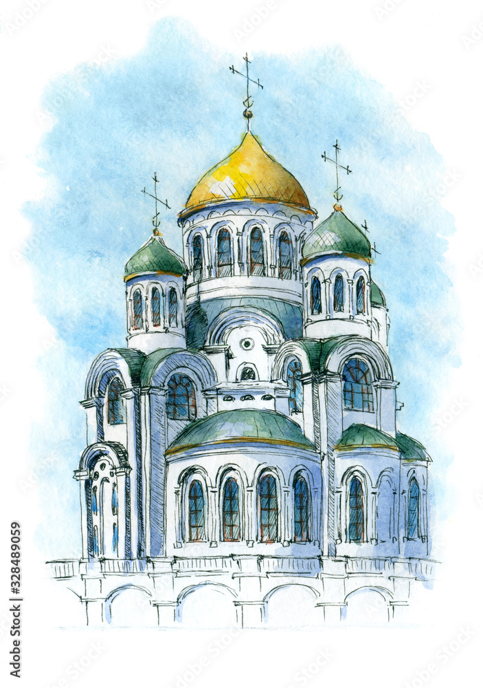 Hand drawn orthodox cathedral building. Golden domes and blue sky. Happy Easter picture. Watercolor architecture illustration. 
