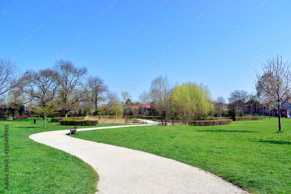 Beautiful landscape and the sidewalk with green grass and colorful of tree with blue sky nature background in good weather at spring or summer season at Belgium country.