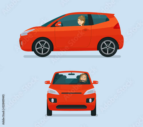 Micro car two angle set. Car with driver woman side view and front view. Vect...